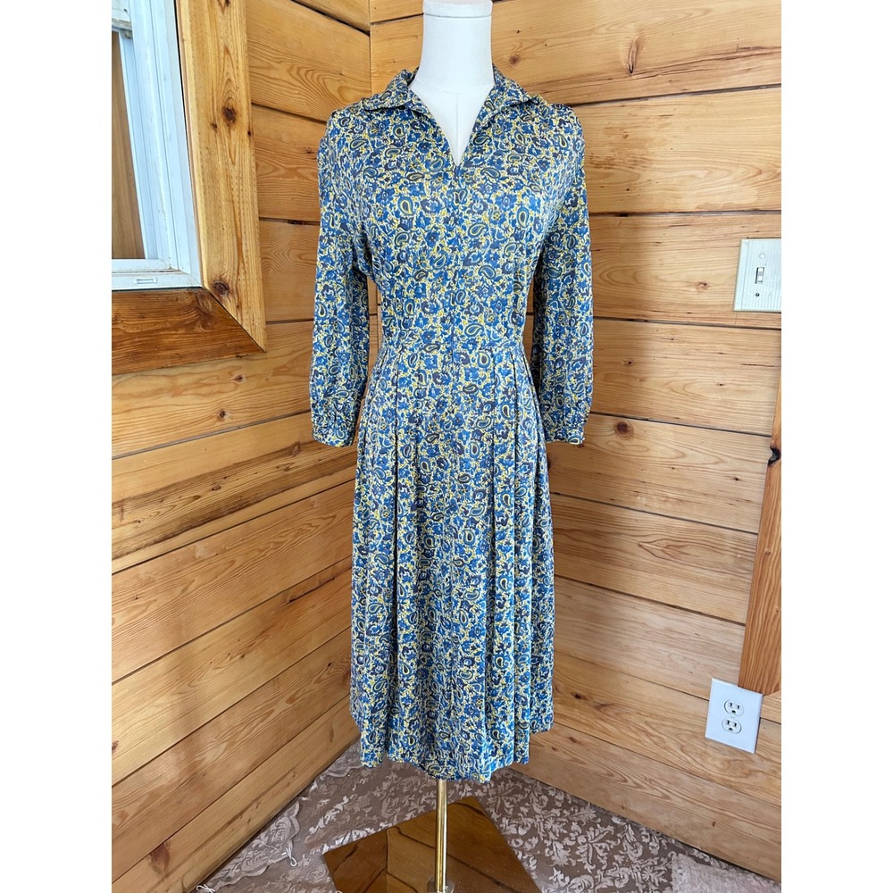 Vintage Day Dress Womens Size 14.5 Blue Yellow Paisley Pleated Shelton Stroller